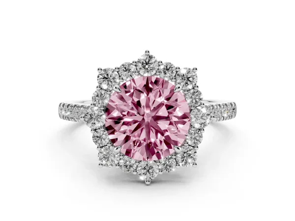 Fancy Pink Round Cut Halo Diamond Ring with Pavé Band and Prong Setting Platinum