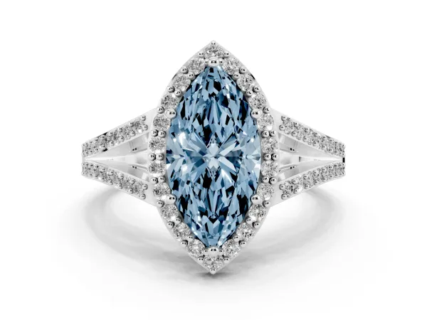 Fancy Blue Marquise Cut Halo Split Shank Pave Diamond Ring with Four-Prong Setting White gold