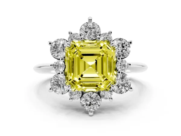 Fancy Yellow Asscher Cut Diamond Cluster Halo Ring with Solitaire Band and Four-Prong Setting Platinum