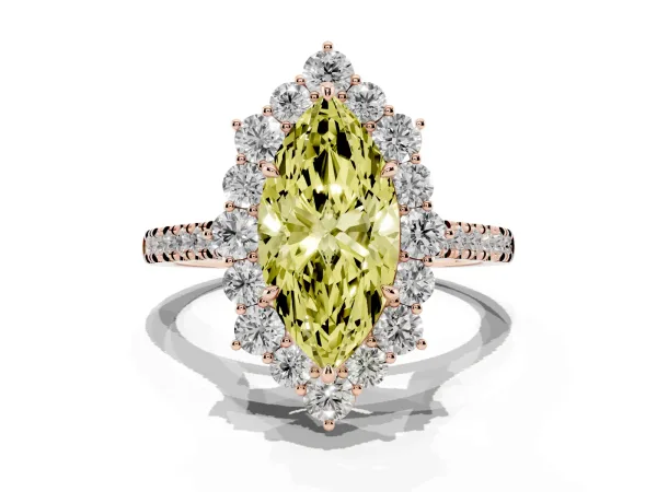 Fancy Yellow Marquise Cut Halo Diamond Ring with Pavé Band and Prong Setting Rose gold