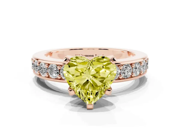 Fancy Yellow Heart Cut Diamond Engagement Ring with Channel Set Round Band and Prong Setting Rose gold