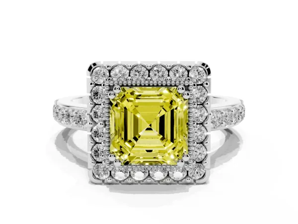 Fancy Yellow Asscher Cut Diamond Halo Ring with Pavé Band and Prong Setting White gold