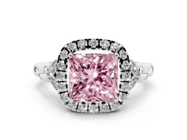 Fancy Pink Princess Cut Halo Diamond Engagement Ring with Vintage-Inspired Band and Four-Prong Setting White gold