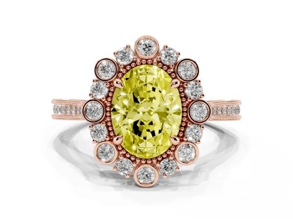 Fancy Yellow Oval Cut Halo Milgrain Pave Diamond Ring with Four-Prong Setting Rose gold