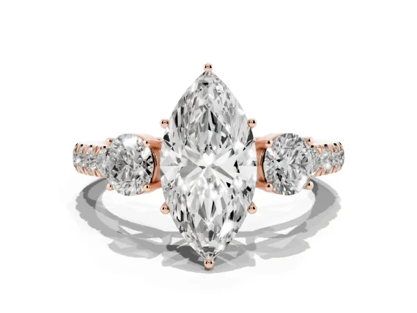Marquise Cut Cut Diamond Three-Stone Ring with Round Side Stones and Pavé Band Rose gold
