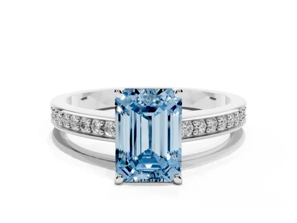 Fancy Blue Emerald Cut Solitaire Pavé Band Prong Setting Ring Platinum