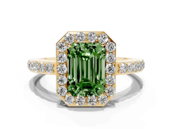 Fancy Green Emerald Cut Halo Diamond Pavé Band Ring with Prong Setting Yellow gold