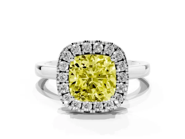 Fancy Yellow Cushion Cut Halo Diamond Solitaire with Pavé Band and Four-Prong Setting White gold