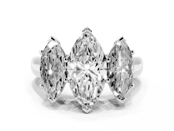 Marquise Cut Three-Stone Diamond Ring with Prong Setting on a Classic Band Platinum