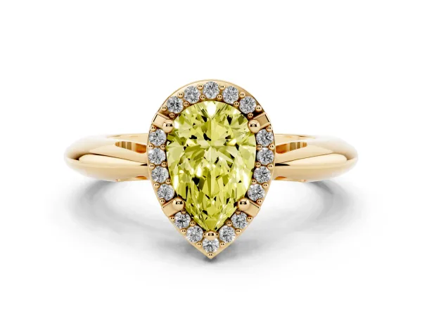 Fancy Yellow Pear Cut Cut Diamond Halo Engagement Ring with Split Shank and Four-Prong Setting Yellow gold