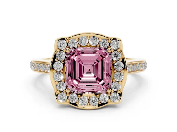 Fancy Pink Asscher Cut Halo Round Diamond Pave Band with Four-Prong Setting Yellow gold