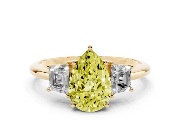 Fancy Yellow Pear Cut Diamond Three-Stone Ring with Trapezoid Side Stones and Prong Setting Yellow gold