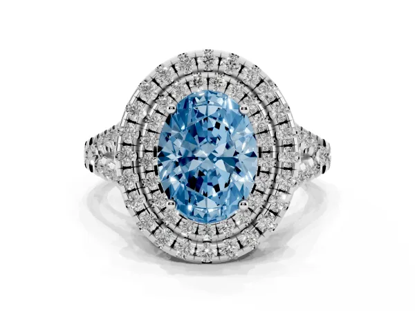 Fancy Blue Double Halo Oval Cut Diamond Pavé Split Shank Ring with Prong Setting Platinum