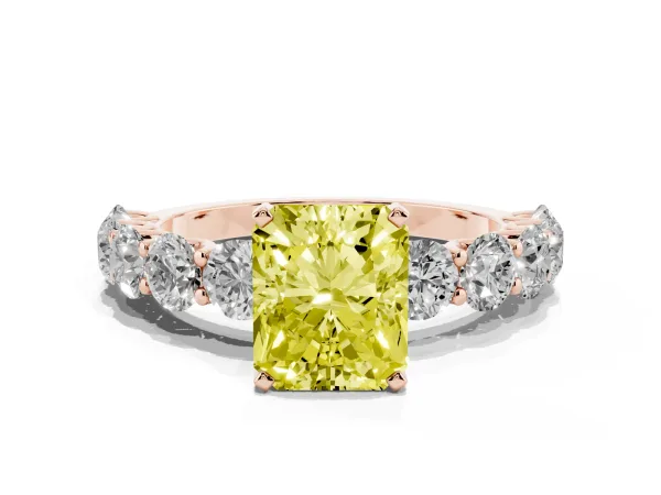 Fancy Yellow Radiant Cut Diamond Prong Setting with Side Stones on a Pave Band Rose gold