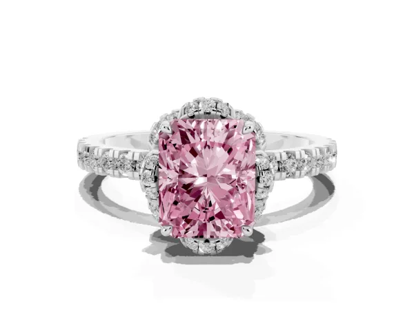 Fancy Pink Radiant Cut Halo Diamond Pave Band Ring with Four-Prong Setting White gold
