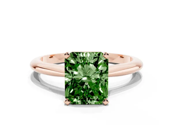 Fancy Green Radiant Cut Cut Solitaire Ring with Four-Prong Setting on a Classic Band Rose gold