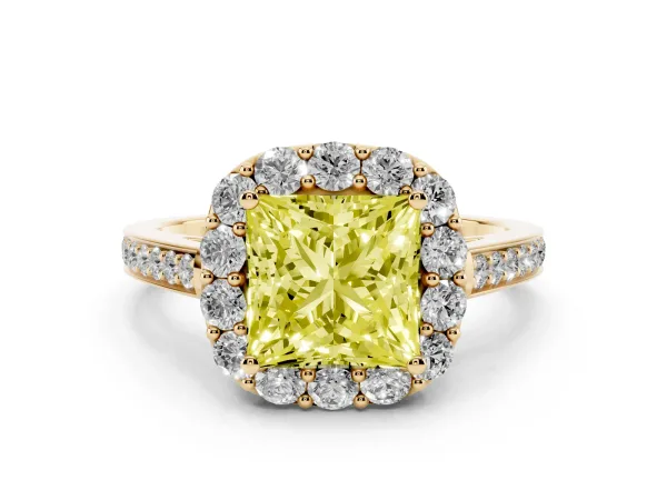 Fancy Yellow Princess Cut Diamond Floral Halo Ring with Pavé Band and Prong Setting Yellow gold