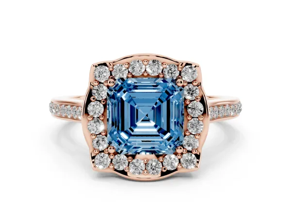 Fancy Blue Asscher Cut Halo Round Diamond Pave Band with Four-Prong Setting Rose gold