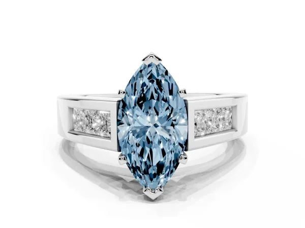 Fancy Blue Marquise Cut Cut Channel Set Solitaire Ring with Four-Prong Setting Platinum