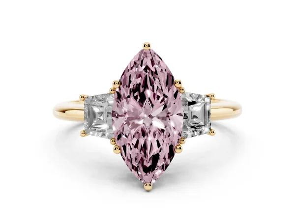 Fancy Pink Marquise Cut Diamond Three-Stone Ring with Trapezoid Side Stones and Prong Setting Yellow gold