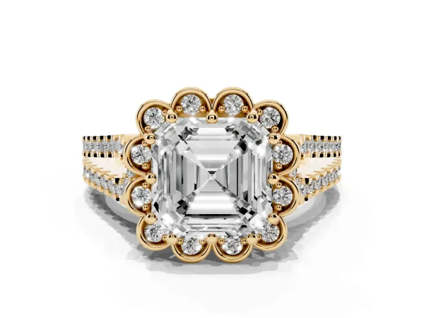 Asscher Cut Halo Diamond Floral Split Shank Engagement Ring Yellow gold