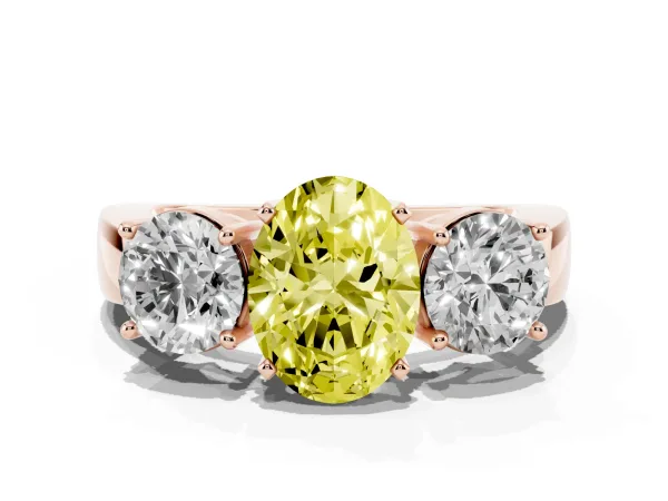 Fancy Yellow Three-Stone Oval Cut Diamond Ring with Round Side Stones, Classic Band, and Four-Prong Setting Rose gold