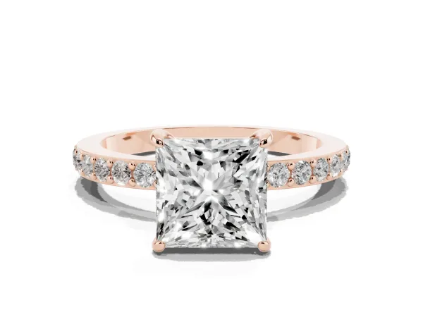 Princess Cut Diamond Solitaire Engagement Ring with Pavé Band and Four-Prong Setting Rose gold