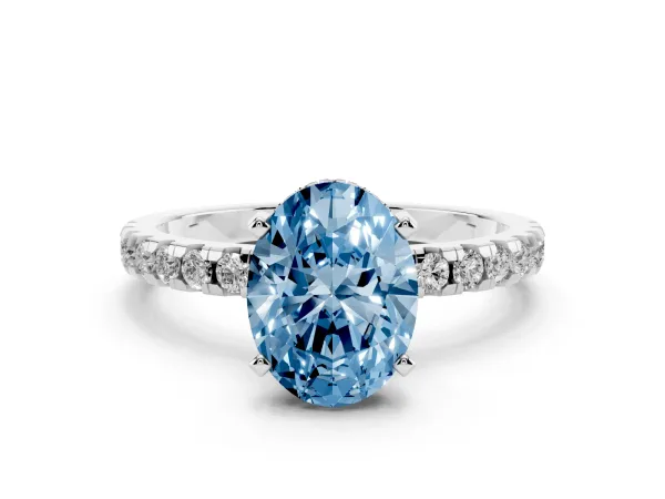 Fancy Blue Oval Cut Diamond Solitaire Ring with Round Pavé Band and Four-Prong Setting White gold