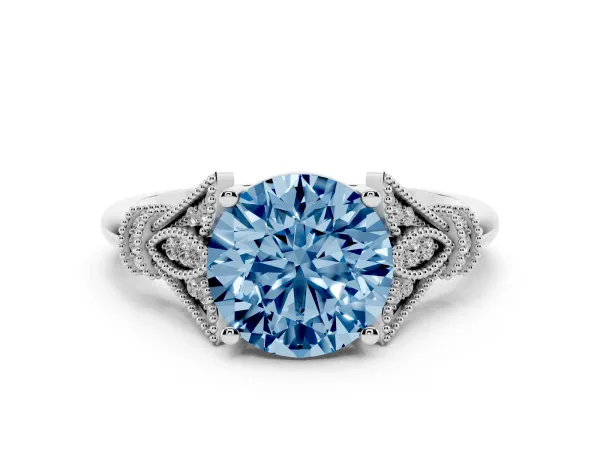 Fancy Blue Round Cut Diamond Solitaire Ring with Floral Filigree and Pave Accents Platinum
