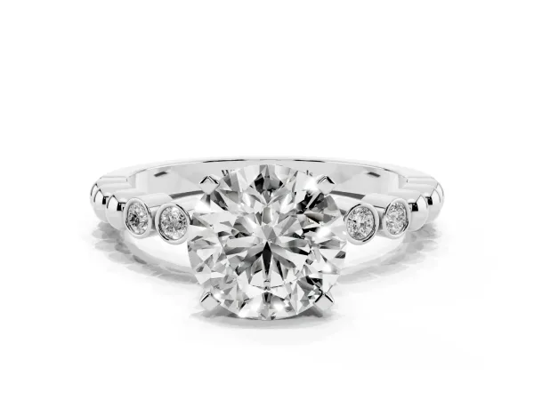 Round Cut Solitaire Bezel Accent Diamond Engagement Ring with Beaded Band and Four-Prong Setting White gold