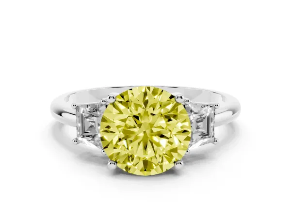 Fancy Yellow Round Cut Diamond Three-Stone Ring with Trapezoid Side Stones and Prong Setting Platinum