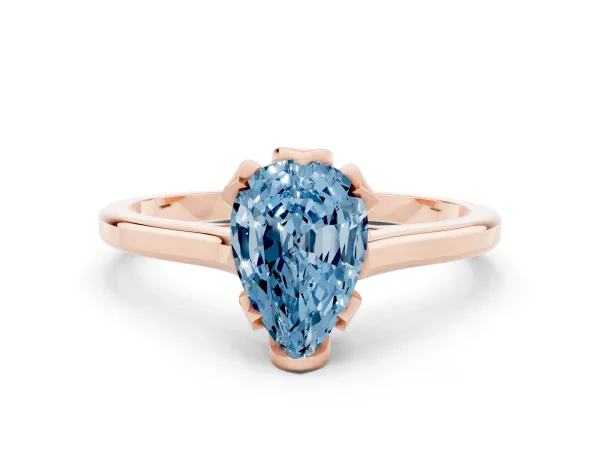 Fancy Blue Pear Cut Diamond Solitaire Ring with Flower Prong Setting and Classic Band Rose gold
