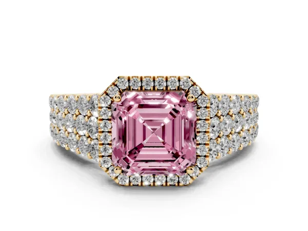 Fancy Pink Asscher Cut Diamond Halo Engagement Ring with Triple Row Round Pavé Band and Prong Setting Yellow gold