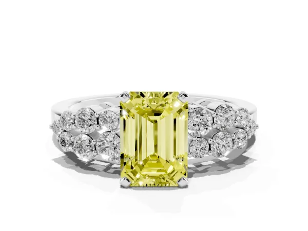 Fancy Yellow Emerald Cut Cluster Diamond Engagement Ring with Pavé Band and Four-Prong Setting Platinum