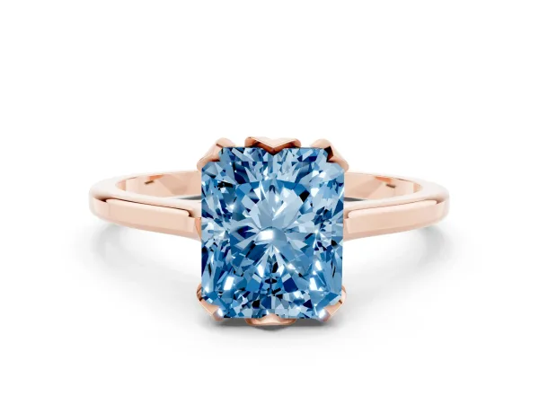 Fancy Blue Radiant Cut Diamond Solitaire Ring with Flower Prong Setting and Classic Band Rose gold