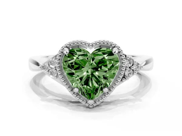 Fancy Green Milgrain Heart Cut Cut Diamond Ring with Tapered Pave Band and Four Prong Setting White gold