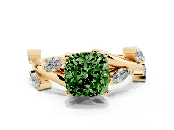 Fancy Green Cushion Cut Solitaire Twisted Band Marquise Accent Prong Setting Ring Yellow gold