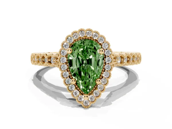 Fancy Green Pear Cut Cut Halo Pavé Solitaire Ring with Milgrain Band Yellow gold