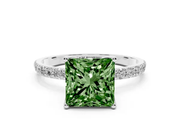 Fancy Green Princess Cut Diamond Solitaire Engagement Ring with Round Pavé Band and Prong Setting Platinum