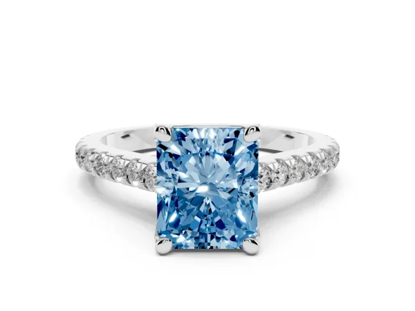 Fancy Blue Radiant Cut Brilliant Diamond Solitaire with Pavé Band and Four-Prong Setting White gold