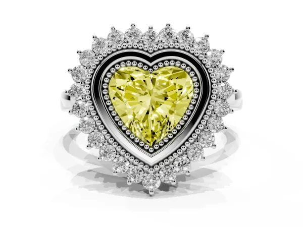 Fancy Yellow Heart Cut Halo Diamond Ring with Milgrain Edge and Round Prong Setting Platinum