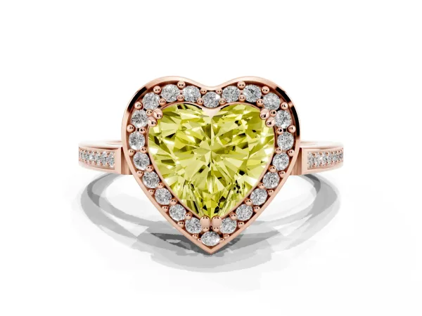 Fancy Yellow Heart Cut Diamond Halo Ring with Split Shank and Four-Prong Setting Rose gold