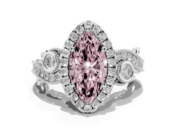 Fancy Pink Marquise Cut Diamond Halo Ring with Milgrain Pavé Band and Four-Prong Setting White gold