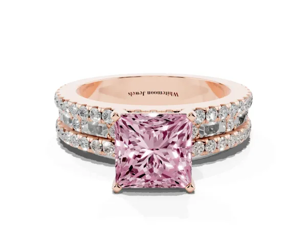 Fancy Pink Princess Cut Diamond Solitaire Ring with Pavé and Channel Set Band Rose gold