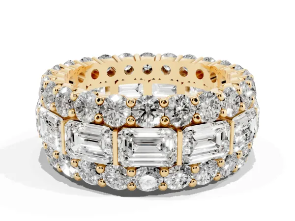 Emerald Cut and Round Diamond Three-Row Eternity Mens Band Yellow gold