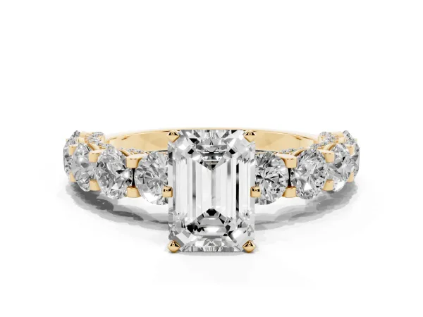 Emerald Cut Diamond Side Stone Engagement Ring with Four-Prong Setting Yellow gold