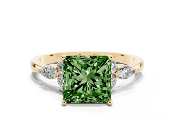 Fancy Green Princess Cut Brilliant Diamond Solitaire Ring with Pear Side Stones and Four-Prong Setting Yellow gold
