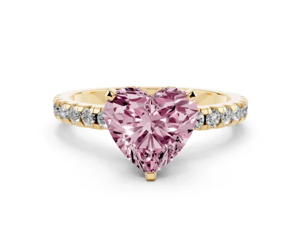 Fancy Pink Heart Cut Diamond Solitaire Ring with Round Pavé Band and Four-Prong Setting Yellow gold
