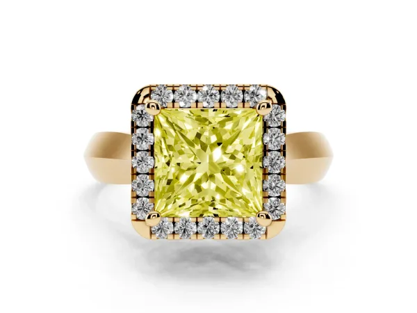 Fancy Yellow Princess Cut Cut Halo Solitaire Engagement Ring with Square Band and Four-Prong Setting Yellow gold