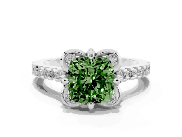 Fancy Green Cushion Cut Diamond Ring with Pavé Band and Floral Prong Setting Platinum